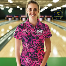 Load image into Gallery viewer, Smiling woman in a bowling alley wearing a gold, brown, and black leopard-print bowling polo with a small bowling pins graphic and “Your Name” on the chest.

