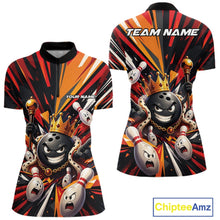 Load image into Gallery viewer, Front and back views of a women's bowling quarter-zip shirt mockup featuring a crowned cartoon bowling ball holding a royal scepter and leading animated bowling pins through vibrant radiating color bursts on a black, red, and orange palette.