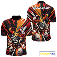 Load image into Gallery viewer, Front and back views of a men's bowling quarter-zip shirt mockup showcasing a crowned cartoon bowling ball holding a royal scepter alongside animated bowling pins with vibrant radiating color bursts in black, red, and orange.