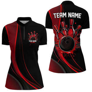 Custom Black And Red Ladies Bowling Shirts, Classic Bowling Uniform Bowling League Shirts IPHW7267