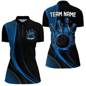 Custom Black And Blue Ladies Bowling Shirts, Classic Bowling Uniform Bowling League Shirts IPHW7268