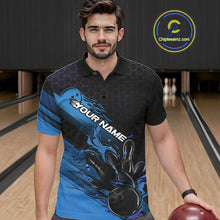 Load image into Gallery viewer, Custom Black And Blue Flame Bowling Team Shirts, Bowling League Shirt Men Bowling Jersey IPHW10575
