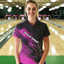 Load image into Gallery viewer, Custom Black And Pink Flame Bowling Team Shirts, Bowling League Shirt Women Bowling Jersey IPHW10576