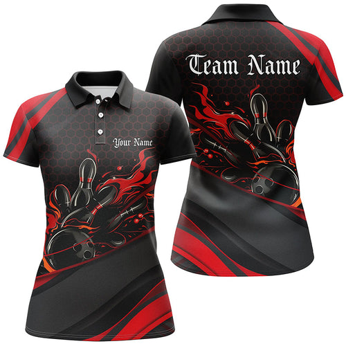 Custom Red Flame Ladies Bowling Shirts, Bowling League Bowling Team Shirts Bowlers Outfit IPHW7269