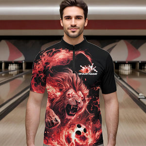 Custom Red Flame Lion Bowling Team Men Quarter-Zip Shirts, Lion Bowling League Shirt IPHW8977