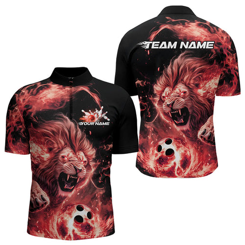 Custom Red Flame Lion Bowling Team Men Quarter-Zip Shirts, Lion Bowling League Shirt IPHW8977