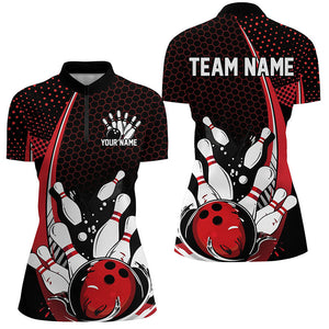 Custom Black And Red Bowling Shirts For Women, Classic Retro Bowling Jerseys Bowlers Outfit IPHW7279