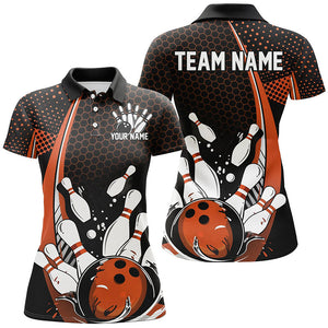 Custom Black And Orange Ladies Bowling Shirts, Classic Retro Bowling Jerseys Bowlers Outfit IPHW7280