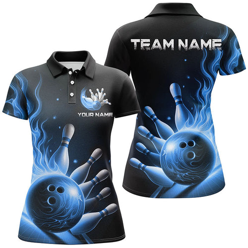Personalized Blue Flame Bowling Polo Shirts For Men Bowling Team Jerseys Strike Bowling IPHW7290
