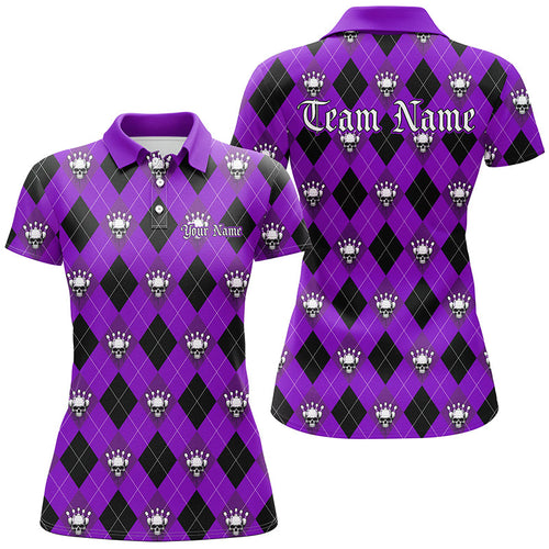 Purple Argyle Pattern Custom Skull Bowling Shirts For Women, Halloween Outfit Bowling IPHW7301