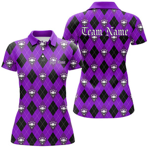 Purple Argyle Pattern Custom Skull Bowling Shirts For Women, Halloween Outfit Bowling IPHW7301