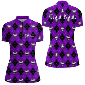 Purple Argyle Pattern Custom Skull Bowling Shirts For Women, Halloween Outfit Bowling IPHW7301