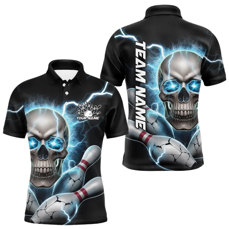 Custom Blue Thunder Lightning Skull Bowling Polo Shirts For Men, Skull Bowling Jerseys IPHW8273
