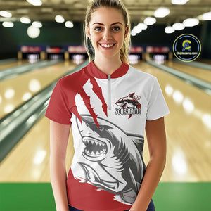 Custom White And Red Shark Jerseys, Bowling Team Women Quarter-Zip Shirts Bowlers Outfit IPHW8987