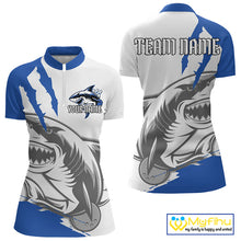 Load image into Gallery viewer, Custom White And Blue Shark Jerseys, Bowling Team Women Quarter-Zip Shirts Bowlers Outfit IPHW8990
