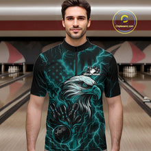 Load image into Gallery viewer, Custom Turquoise Blue Lightning Flame Eagle Men Bowling Shirt, Patriotic US Team Shirt IPHW10172