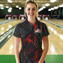 Load image into Gallery viewer, Custom Red Thin Line American Flag Patriotic Flame Bowling Team Women Polo Shirts IPHW10179