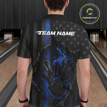 Load image into Gallery viewer, Custom Blue Thin Line American Flag Patriotic Flame Bowling Team Men Polo Shirts IPHW10180