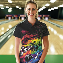Load image into Gallery viewer, Custom Rainbow Flame Bowling Team Polo Shirts For Women, Colorful Bowling League Shirt IPHW8740