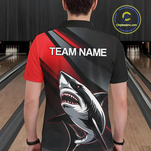 Custom Black And Red Shark Bowling Jerseys, Bowling Team Uniform Shark Men Polo Shirts IPHW8999