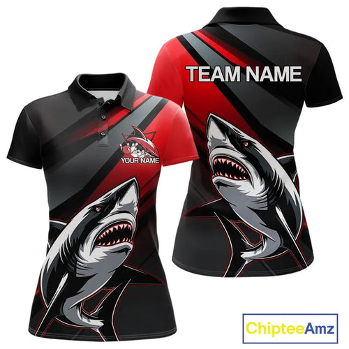 Custom Black And Red Shark Bowling Jerseys, Bowling Team Uniform Shark Women Polo Shirts IPHW8999