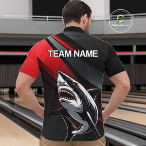 Custom Black And Red Shark Bowling Jerseys, Bowling Team Uniform Shark Men Quarter-Zip Shirts IPHW8999