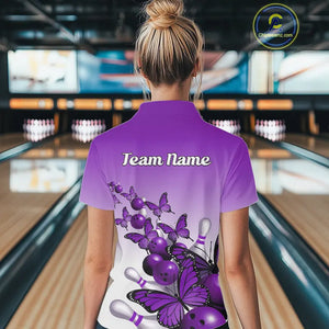 Custom Purple Gradient Butterfly Bowling Women Polo Shirts For Team, Bowling League Shirt IPHW9006
