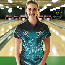 Load image into Gallery viewer, Custom Turquoise Blue Fire Flame Bowling Women Polo Shirt, Bowling Team Tournament Outfit IPHW11134