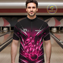 Load image into Gallery viewer, Custom Pink Fire Flame Bowling Men Quarter-Zip Shirt, Bowling Team Tournament Outfit IPHW11136