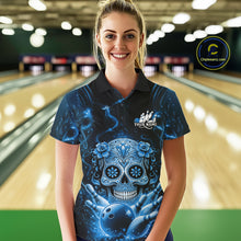Load image into Gallery viewer, Custom Blue Sugar Skull Bowling Women Polo Shirt, Halloween Team Bowling Outfit IPHW11146
