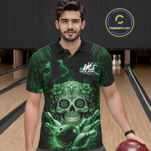Load image into Gallery viewer, Custom Green Sugar Skull Bowling Men Polo Shirt, Halloween Team Bowling Outfit IPHW11147