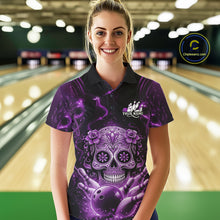 Load image into Gallery viewer, Custom Purple Sugar Skull Bowling Women Polo Shirt, Halloween Team Bowling Outfit IPHW11148