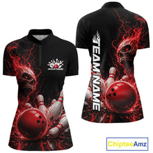Load image into Gallery viewer, Custom Name Red Flame Skull Bowling Women Quarter-Zip Shirts, Halloween Team Outfit IPHW11391