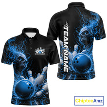 Load image into Gallery viewer, Front and back views of a men's bowling polo shirt mockup featuring a blue fiery skull design with lightning striking a bowling ball and pins, plus custom name on a black shirt.
