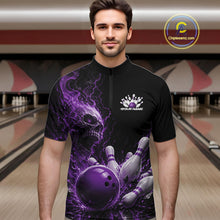 Load image into Gallery viewer, Custom Name Purple Flame Skull Bowling Men Quarter-Zip Shirts, Halloween Team Bowling Outfit IPHW11394