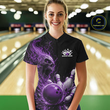 Load image into Gallery viewer, Custom Name Purple Flame Skull Bowling Women Quarter-Zip Shirts, Halloween Team Outfit IPHW11394