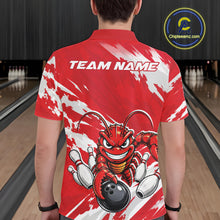 Load image into Gallery viewer, Back view of a male model in a bowling alley wearing a red custom bowling polo shirt with a fierce yet funny crawfish bowling character and a distressed background design.