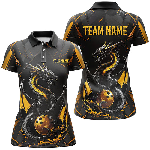 Custom Black And Gold Dragon Bowling Shirts For Women, Dragon Bowling Team Shirts Uniform IPHW7312