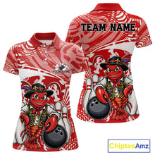 Load image into Gallery viewer, Front and back views of a red custom women's bowling polo shirt featuring a funny Cajun crawfish leaning on a bowling ball with a swamp inspired texture background.