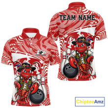 Load image into Gallery viewer, Front and back views of a red custom men's bowling polo shirt featuring a funny Cajun crawfish leaning on a bowling ball with a swamp inspired texture background.