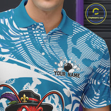 Load image into Gallery viewer, Close up front view of the left chest area on a blue custom bowling polo shirt featuring a funny Cajun crawfish leaning on a bowling ball and a swamp inspired texture background.