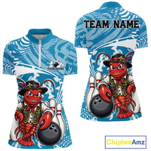 Load image into Gallery viewer, Front and back views of a blue custom women's quarter-zip bowling shirt featuring a funny Cajun crawfish leaning on a bowling ball with a swamp-inspired texture background.