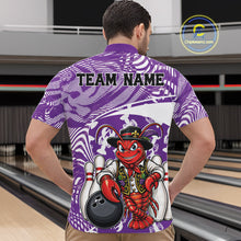 Load image into Gallery viewer, Back view of a male model in a bowling alley wearing a purple custom quarter-zip bowling shirt with a funny Cajun crawfish leaning on a bowling ball and a swamp-inspired texture background.