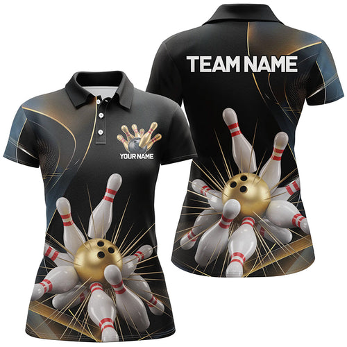 Personalized Bowling Shirts For Women, Golden Bowling Polo Shirts For Women With Team Name IPHW7334
