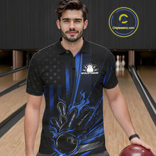 Load image into Gallery viewer, Custom Black And Blue US Flag Patriotic Men Bowling Shirt, American Flame Bowling Jerseys IPHW10641