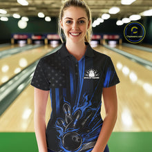Load image into Gallery viewer, Custom Black And Blue US Flag Patriotic Women Bowling Shirt, American Flame Bowling Jerseys IPHW10641