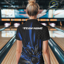 Load image into Gallery viewer, Custom Black And Blue US Flag Patriotic Women Bowling Shirt, Flame Bowling Jerseys IPHW10641