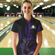 Load image into Gallery viewer, Custom Black And Purple US Flag Patriotic Women Bowling Shirt, American Flame Bowling Jersey IPHW10642