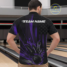 Load image into Gallery viewer, Custom Black And Purple US Flag Patriotic Men Bowling Shirt, American Flame Bowling Jersey IPHW10642