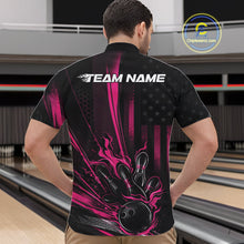 Load image into Gallery viewer, Custom Black And Pink US Flag Patriotic Men Bowling Shirt, American Flame Bowling Jersey IPHW10643